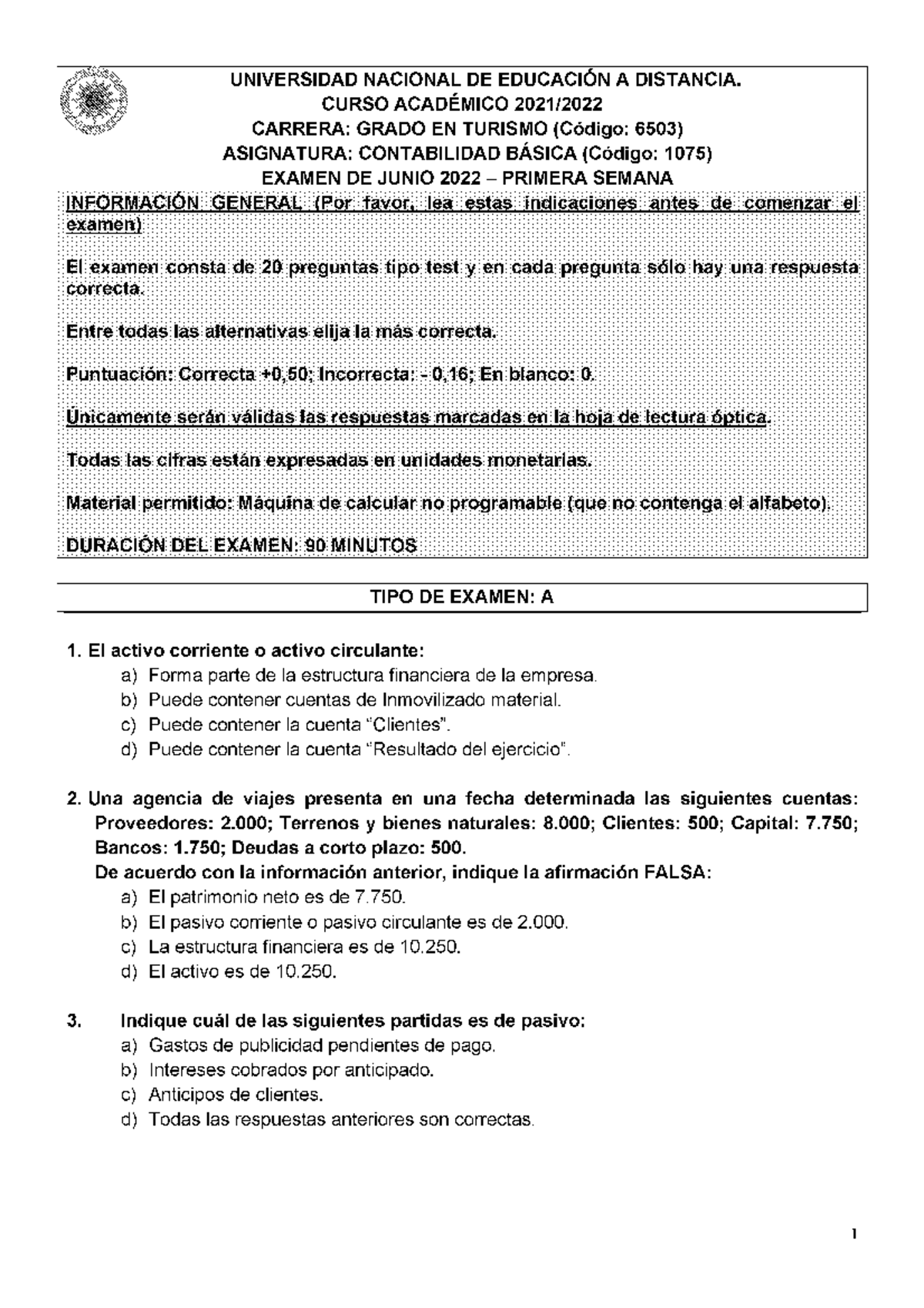 Exámenes Contabilidad Básica Turismo Contabilidad Básica Uned Studocu