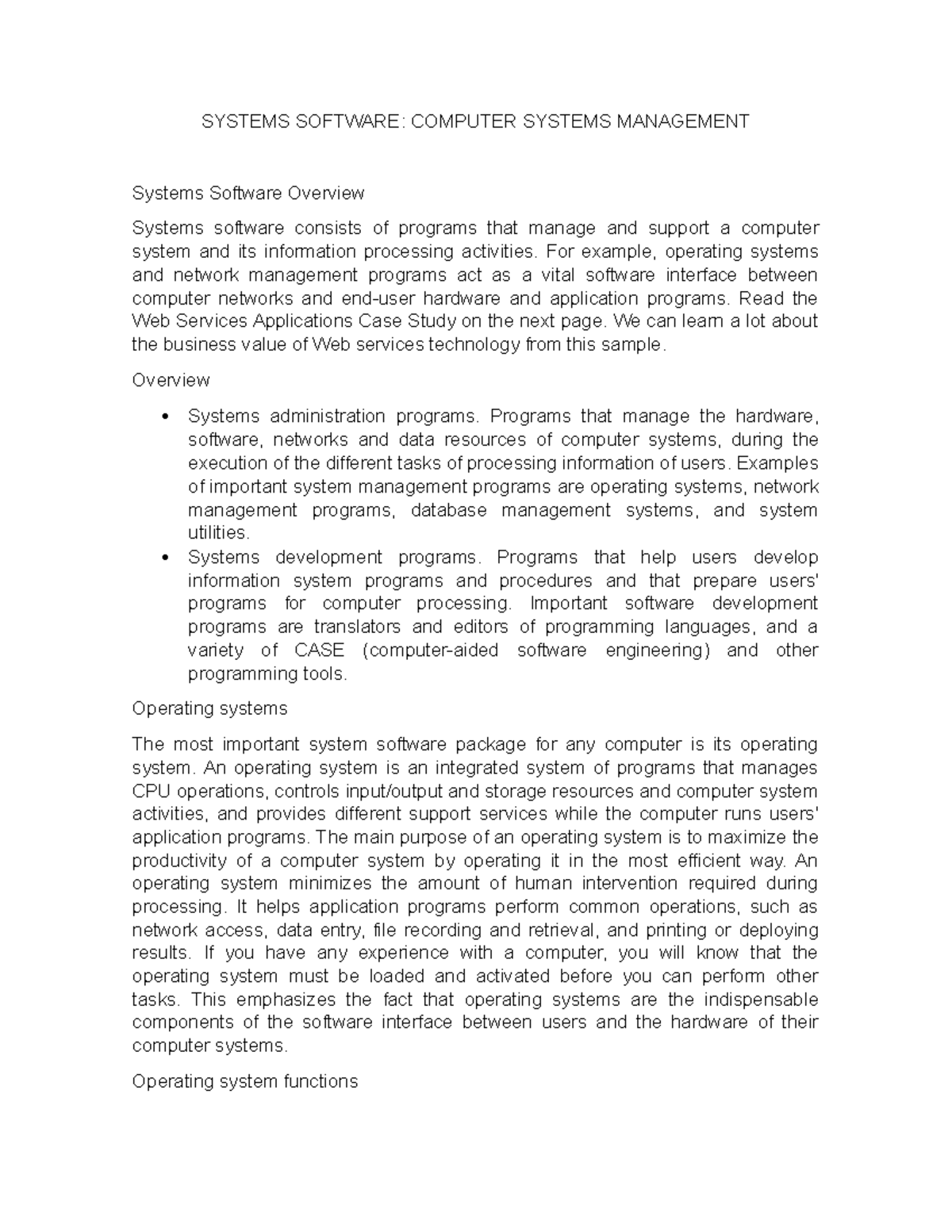 SYSTEMS SOFTWARE, COMPUTER SYSTEMS MANAGEMENT - SYSTEMS SOFTWARE ...
