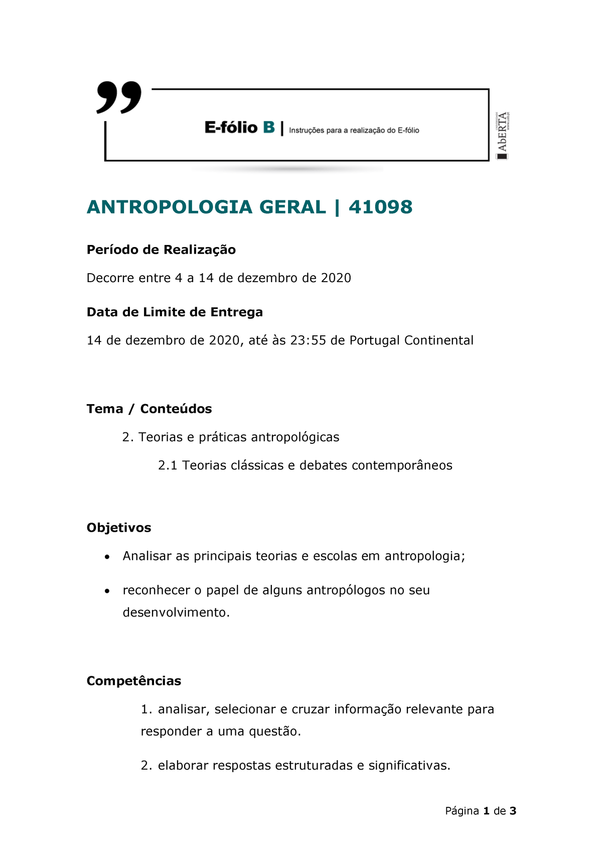 41098 Instruções Efolio B 2020 - Página 1 De 3 ANTROPOLOGIA GERAL ...