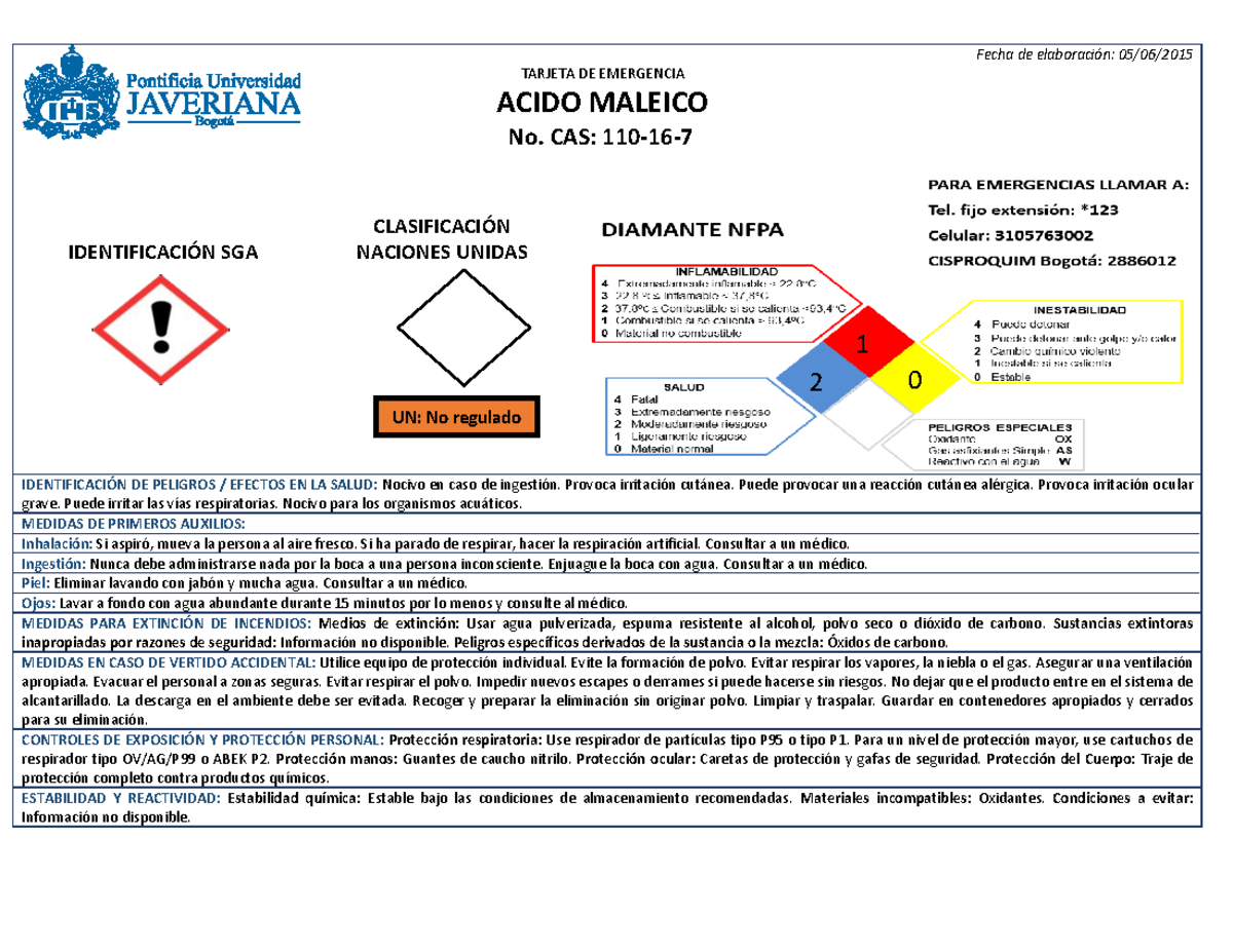SGA Acido Maleico - TARJETA DE EMERGENCIA ACIDO MALEICO Fecha de
