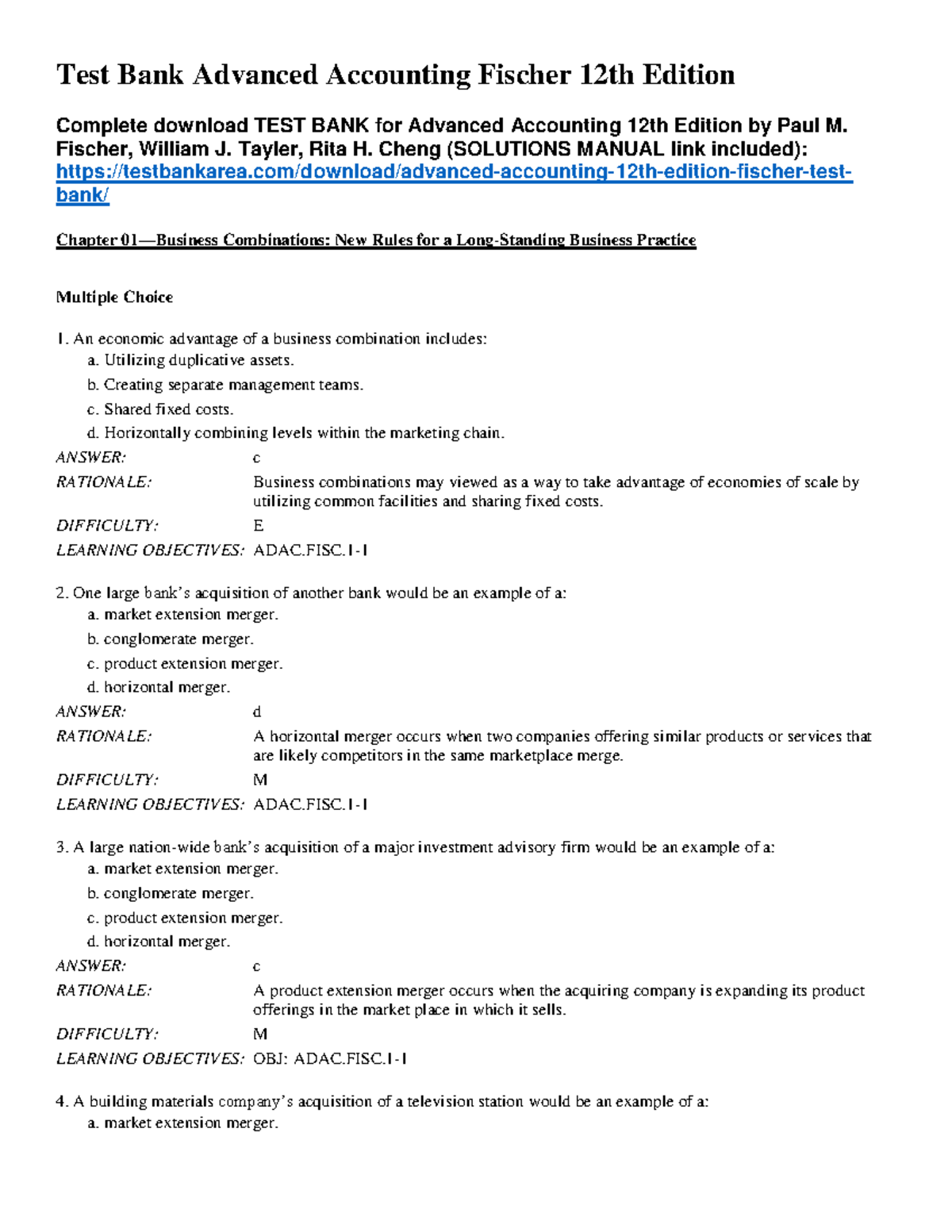 Test Bank Advanced Accounting Fischer 12th Edition - Fischer, William J ...