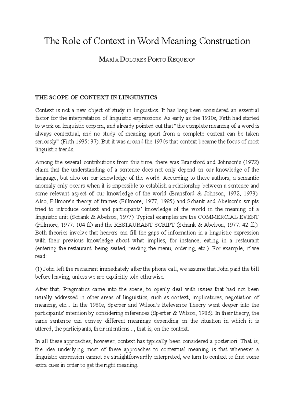 The Role of Context in Word Meaning Construction LING 1 - The Role of ...