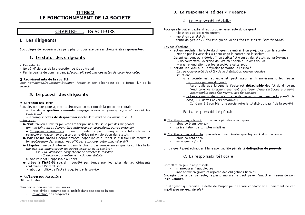 Les acteurs en droit des sociétés - TITRE 2 LE FONCTIONNEMENT DE LA