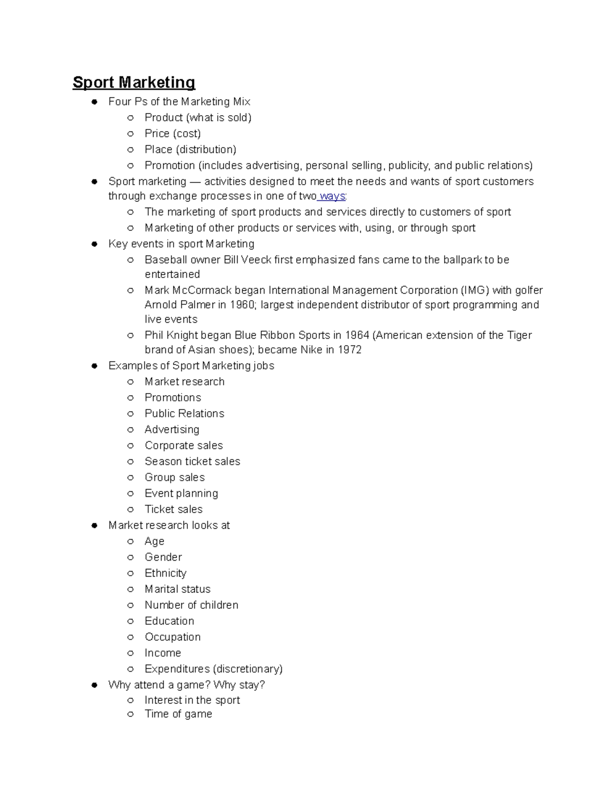 Sports managemnt unit 4 Sport Marketing Four Ps of the Marketing Mix