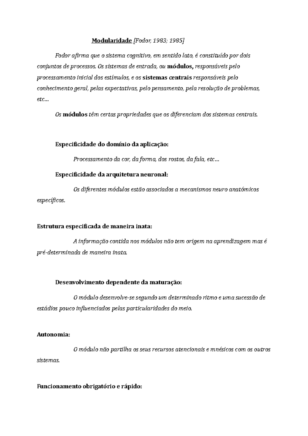 Modularidade - Apontamentos Psicologia Geral - Modularidade [Fodor ...