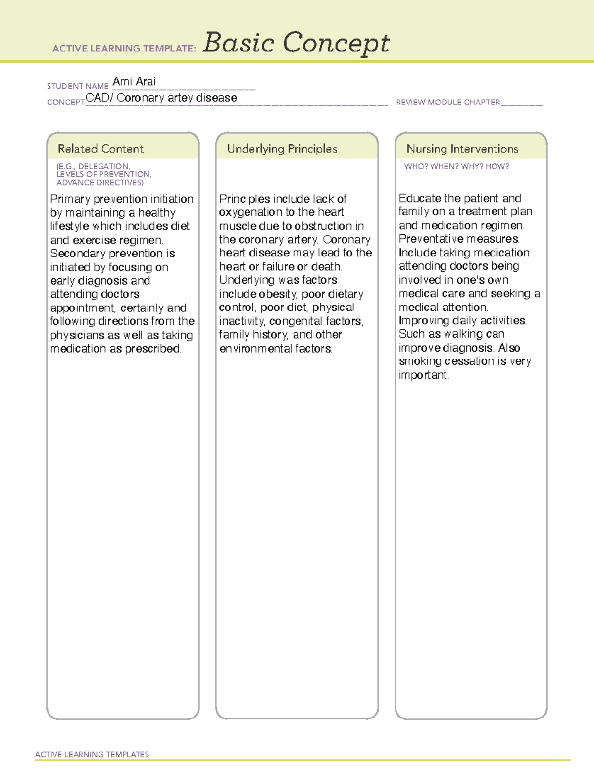 CAD:Cardiovascular disorders template - NUR 221 - ACTIVE LEARNING ...