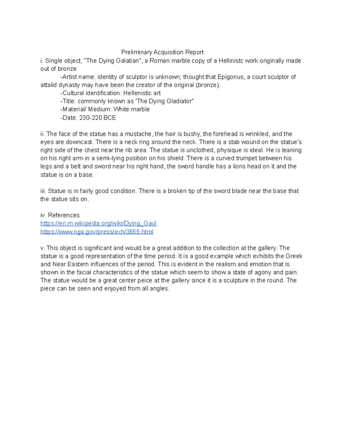 Art History Preliminary Acquisition Report Preliminary Acquisition