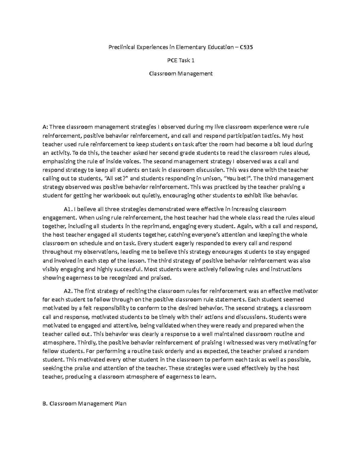 PCE TAsk 1 PCE Example Preclinical Experiences in Elementary