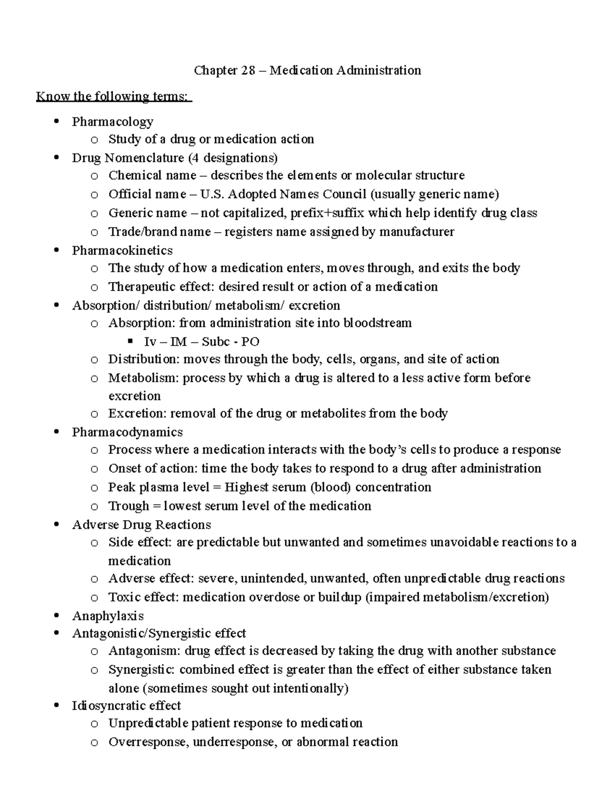 Exam 1 medication admin Chapter 28 Medication Administration Know the following terms Studocu