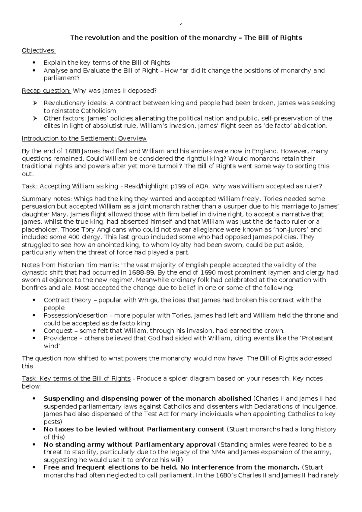 L3 The Bill of Rights - Tutor Notes - ‘ The revolution and the position ...