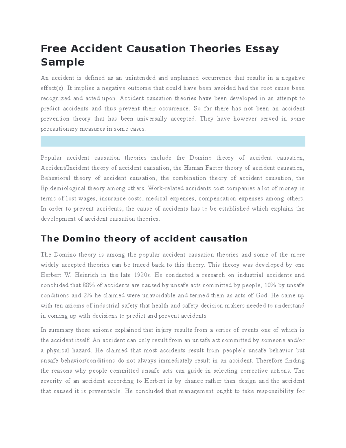 Accident Theories 1 - Free Accident Causation Theories Essay Sample An ...