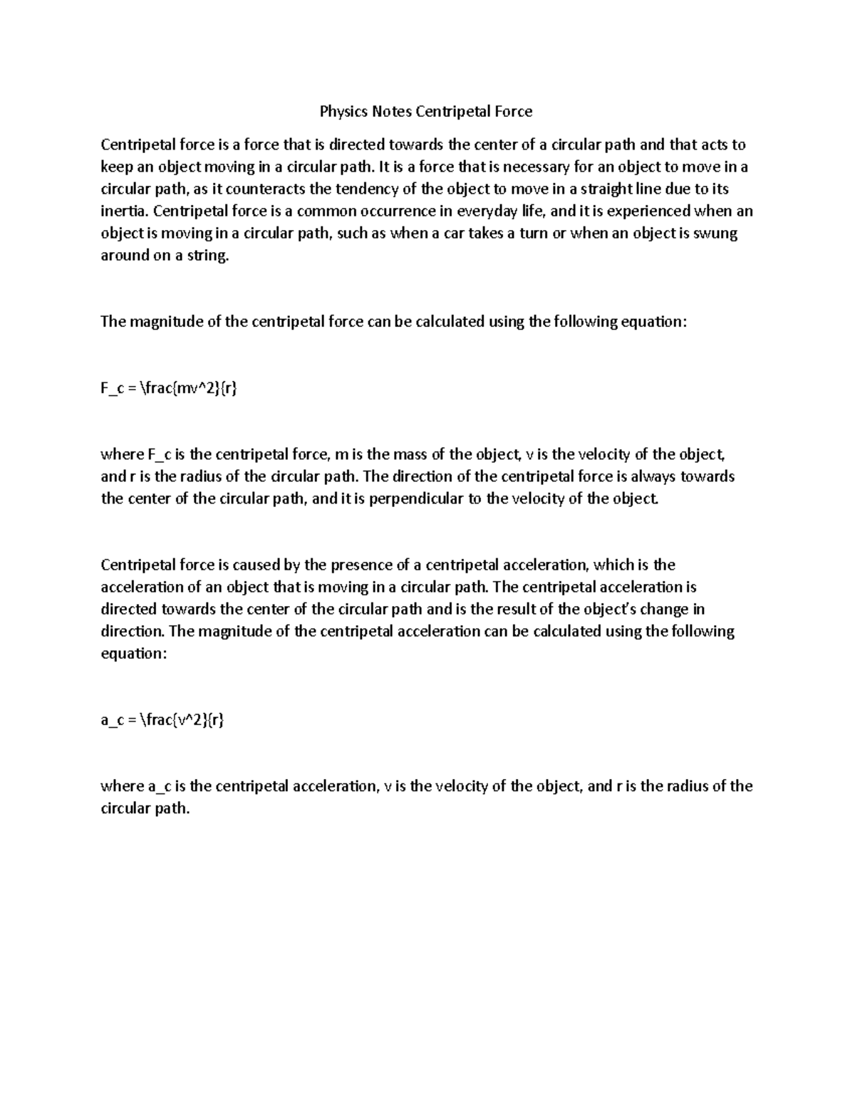 Physics Notes Centripetal Force - Physics Notes Centripetal Force ...