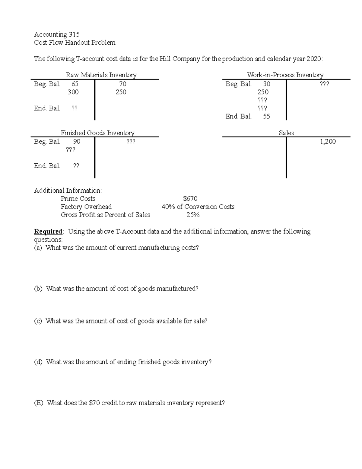 Chapter 2 Handout Problem on Cost Flows - Accounting 315 Cost Flow ...