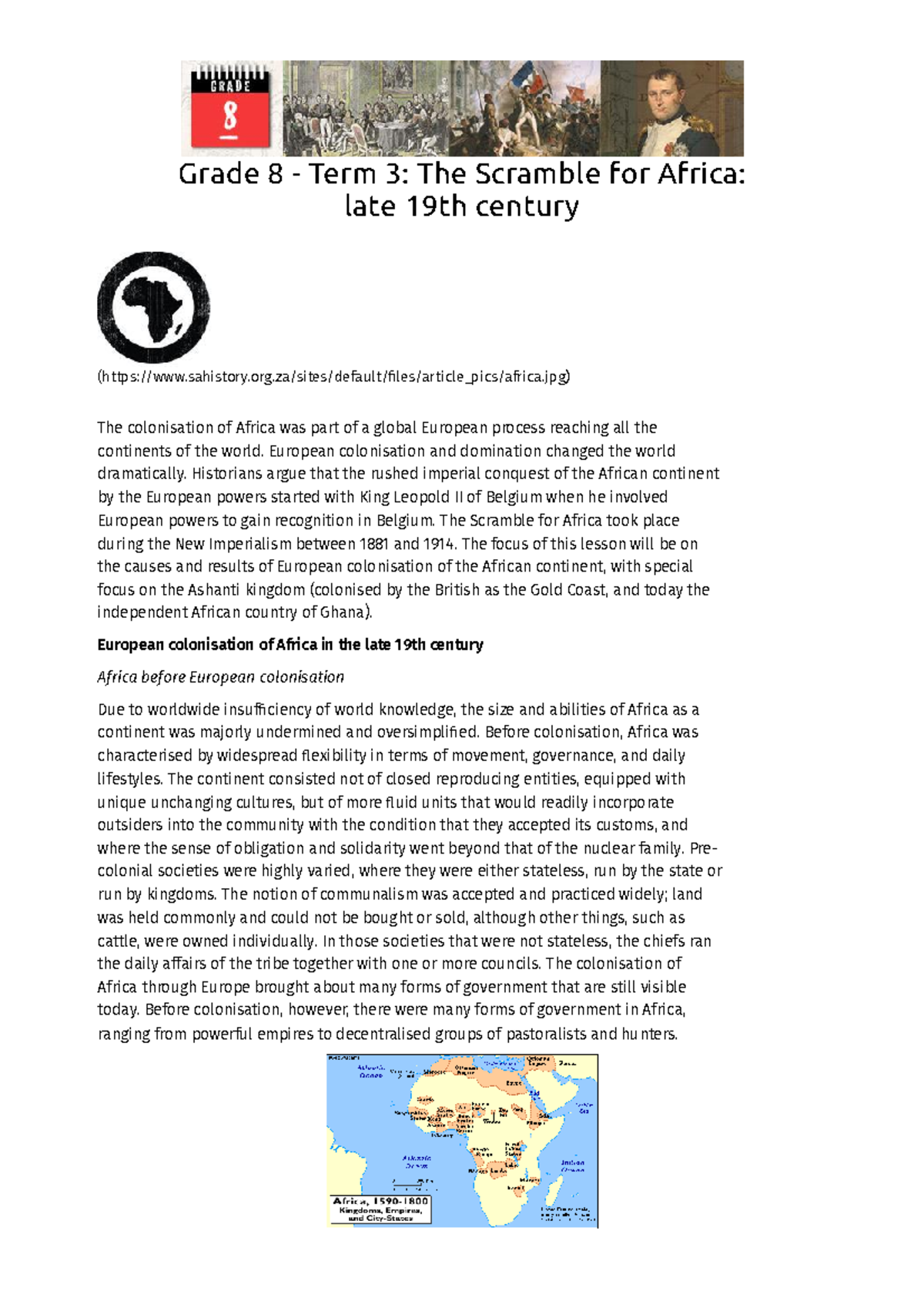 Grade 8 - Term 3 The Scramble for Africa late 19th century S - - Studocu