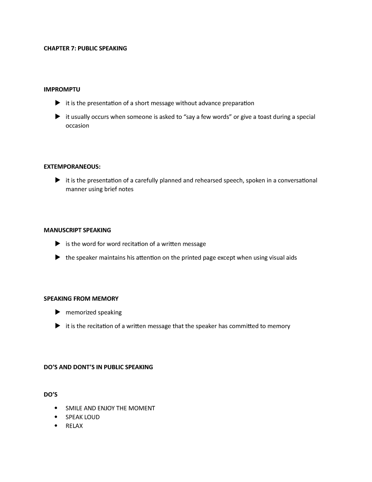 Chapter 7 - Public Speaking - CHAPTER 7: PUBLIC SPEAKING IMPROMPTU It ...