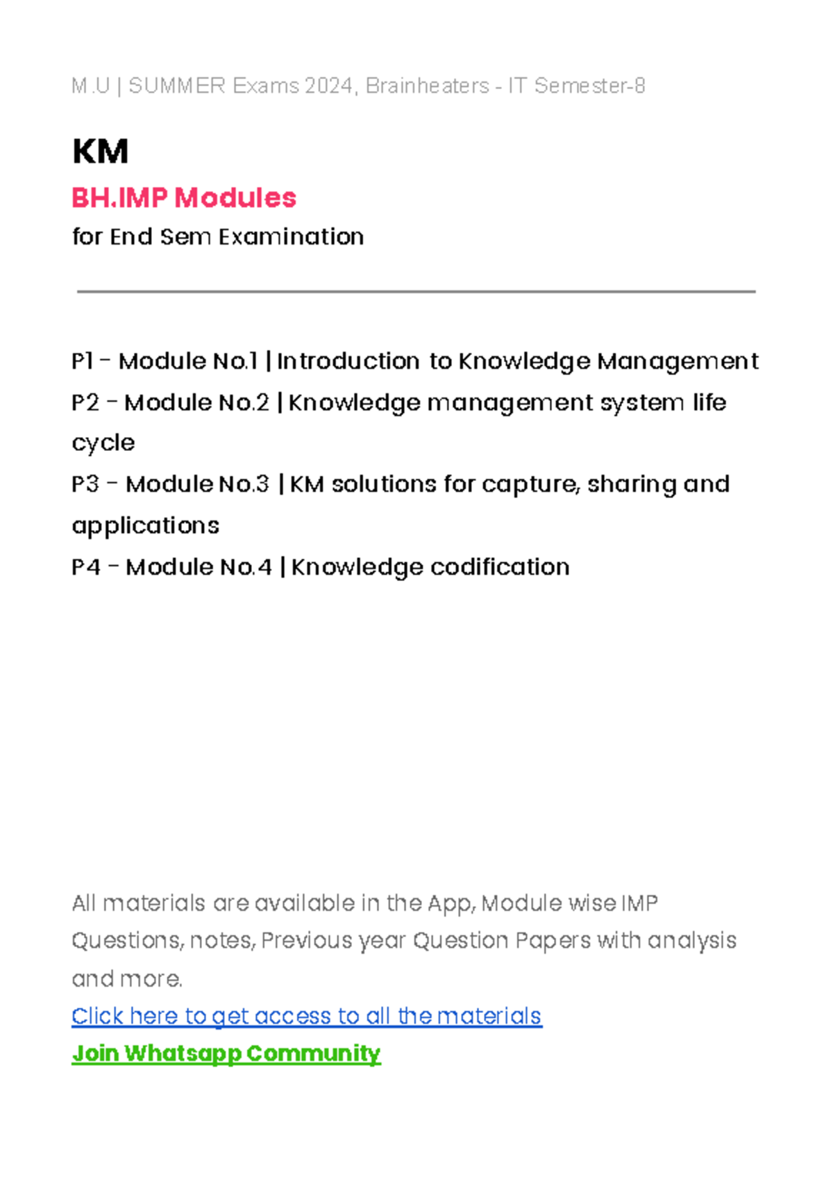 KM IT Sem8 Module Priority - M | SUMMER Exams 2024, Brainheaters - IT ...