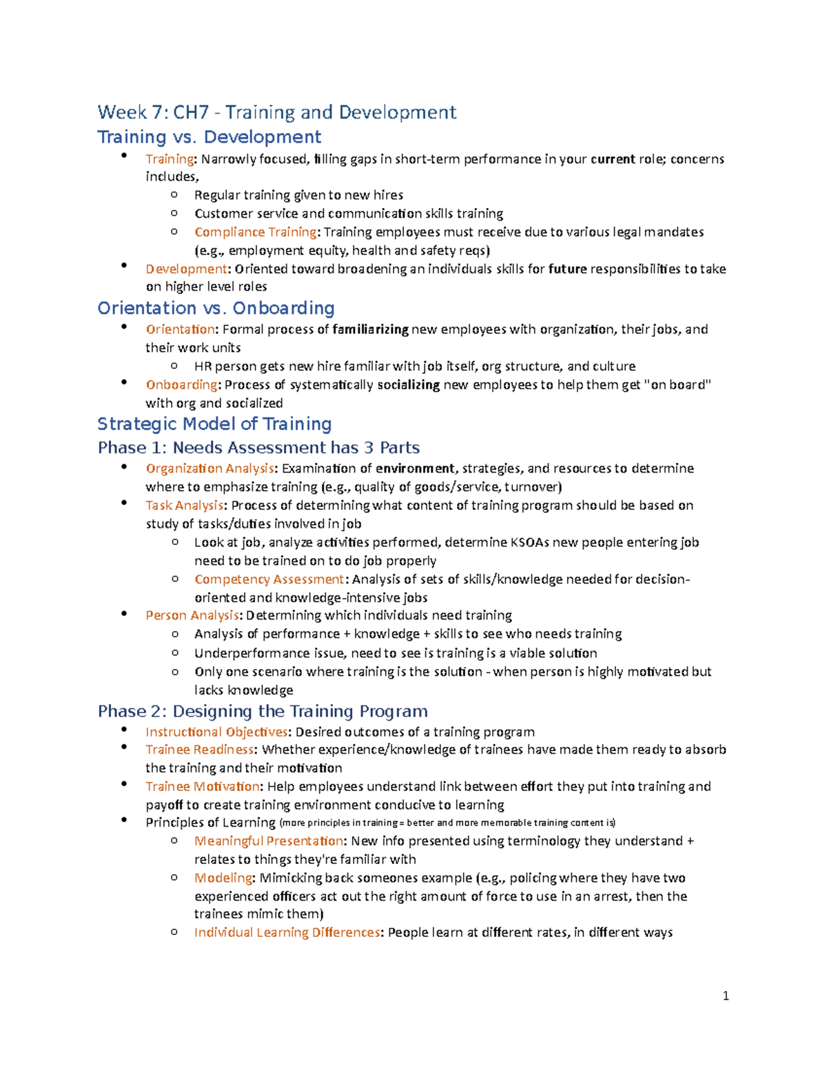 Final Study Sheet-2 - Notes - Week 7: CH7 - Training and Development ...