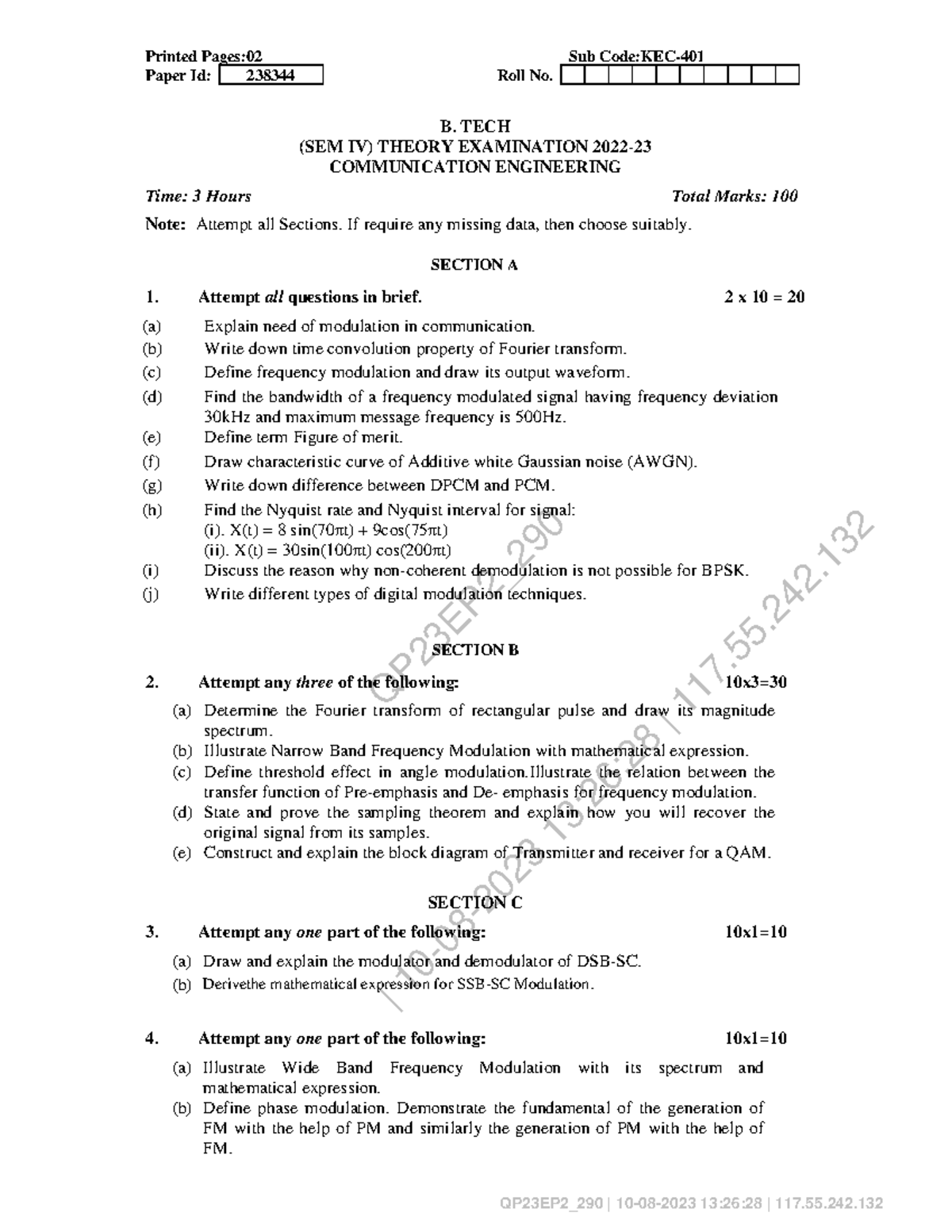 Btech ec 4 sem communication engineering kec 401 2023 - QP23EP2_ | 10 ...