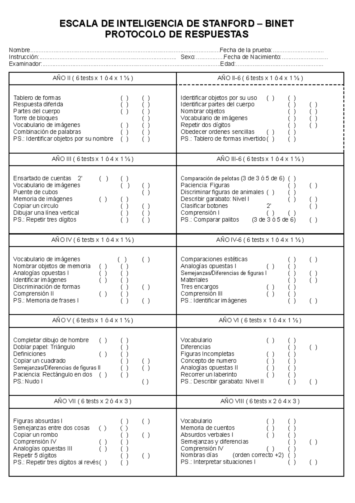 Stanford-Binet-Protocolo - AÑO II-6 ( 6 tests x 1 ó 4 x 1 ½ ...