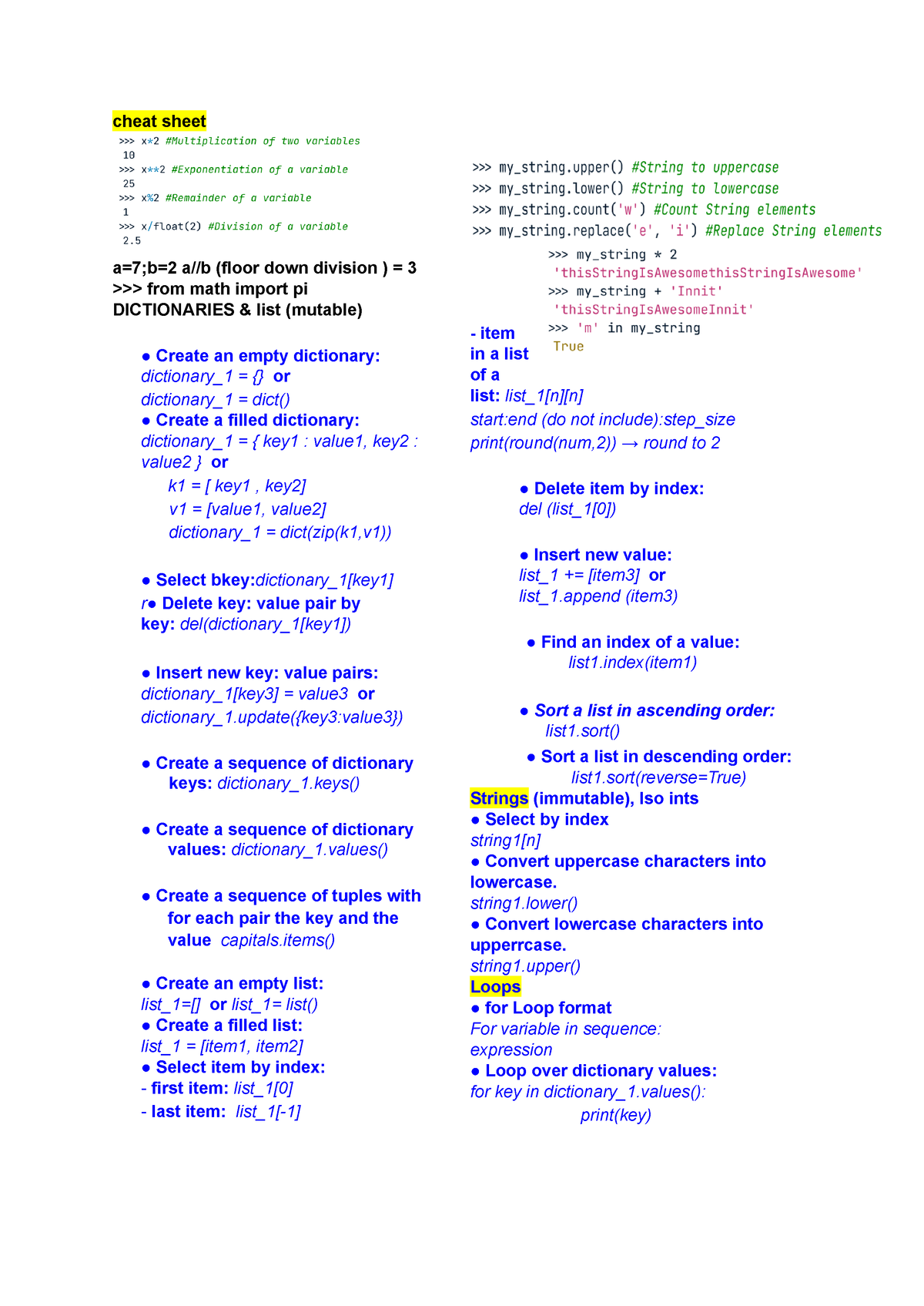 Python Cheat Sheets - Cheat Sheet A=7;b=2 A//b (floor Down Division ...