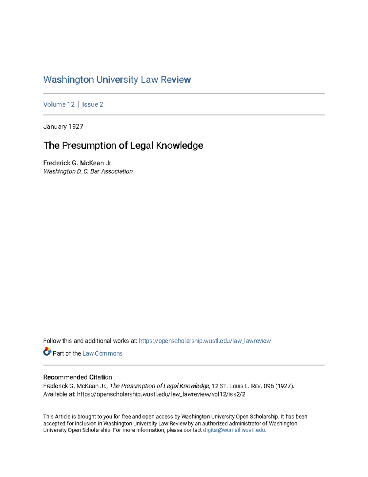 The Presumption of Legal Knowledge McKean Jr. Washington D. C. Bar