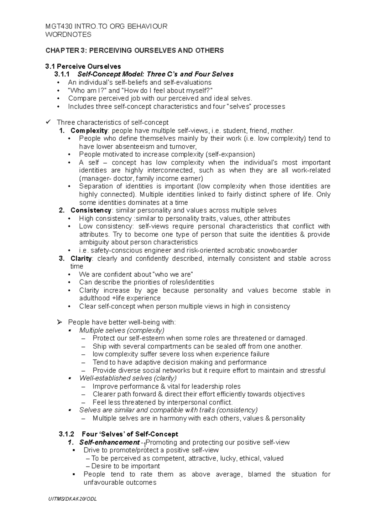 Chapter 3 - sharing - 1 WORDNOTES CHAPTER 3: PERCEIVING OURSELVES AND ...