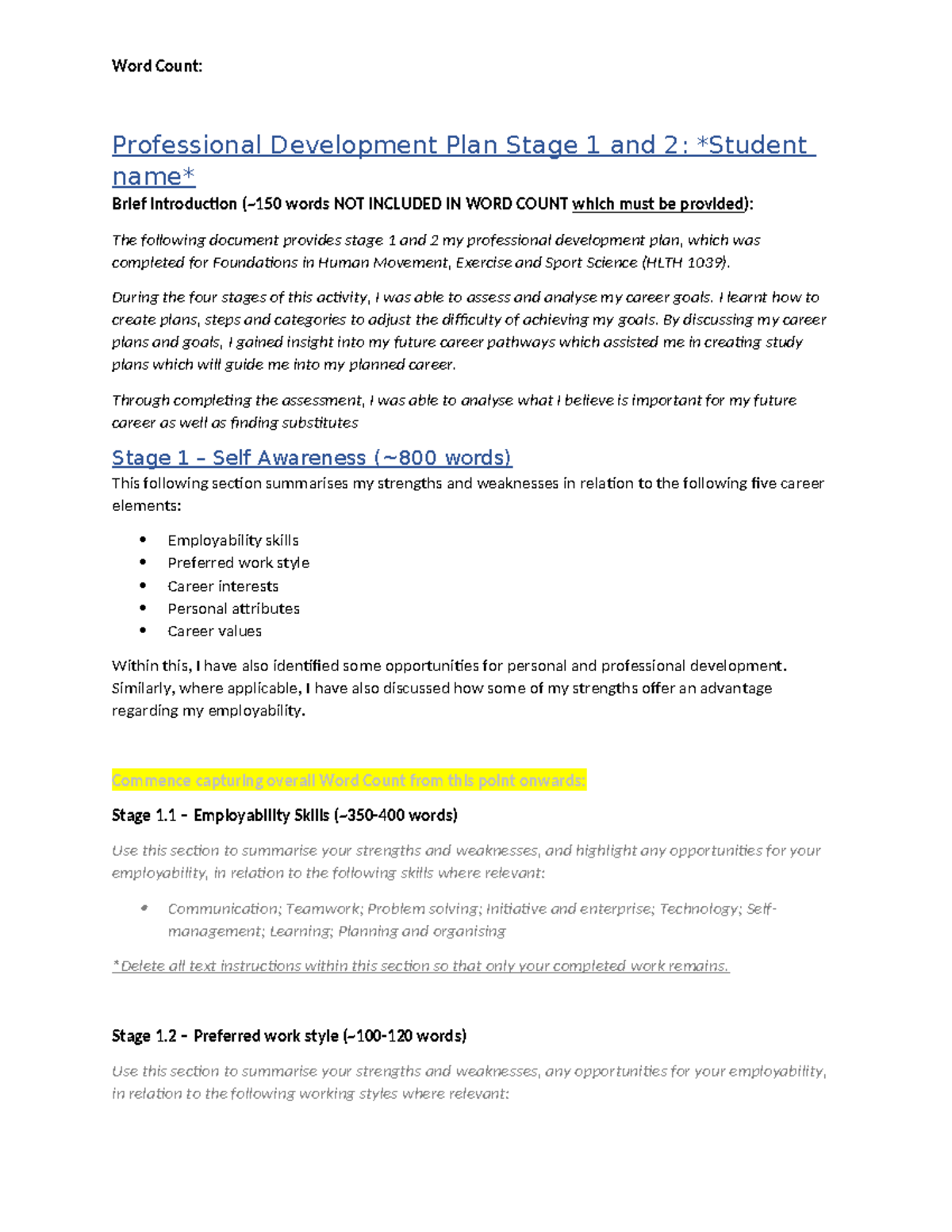 Professional Development Plan Stage 1 and 2 Submission Template - Word ...