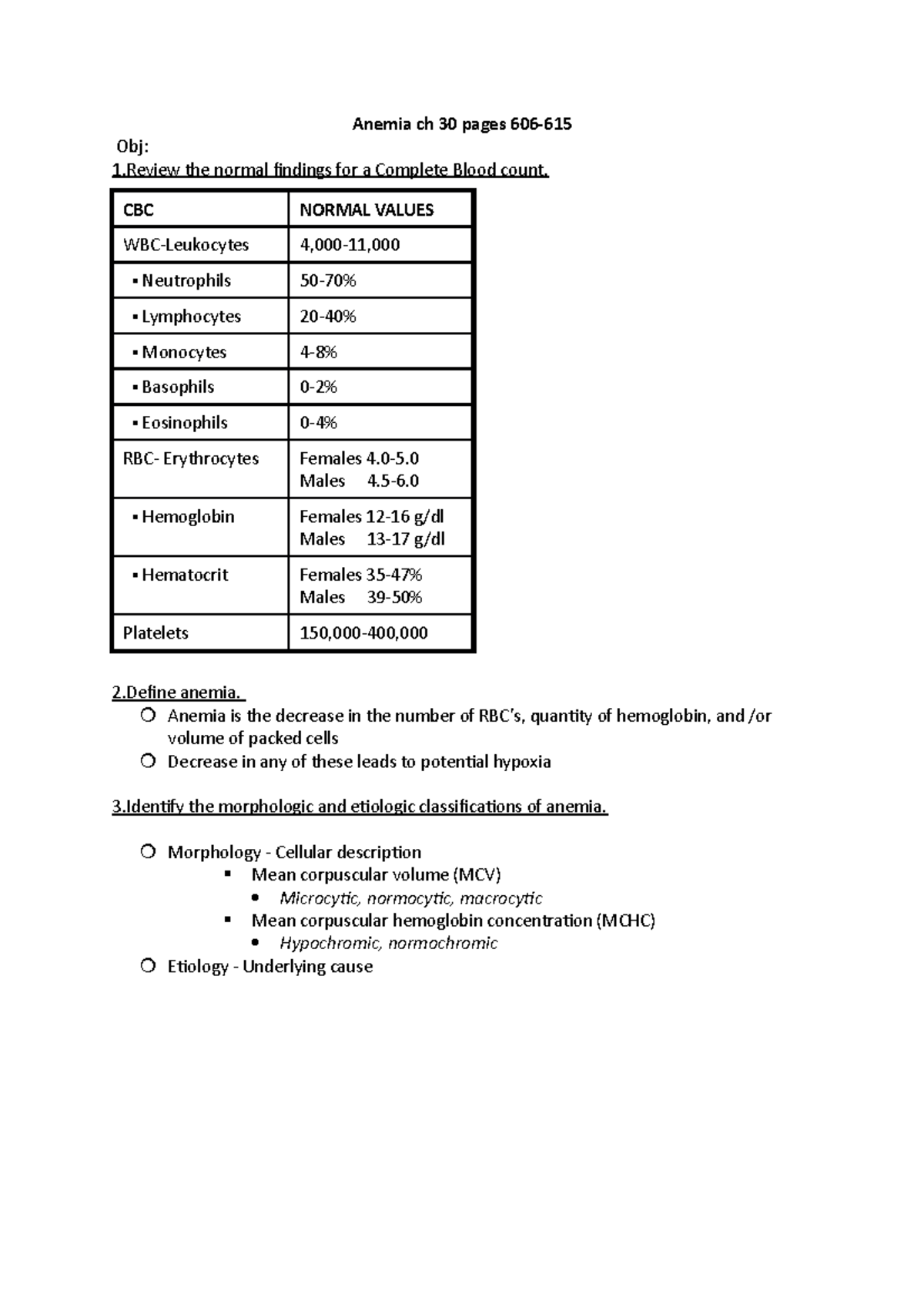 Anemia ch 30 pages 606 - med map - Anemia ch 30 pages 606- Obj: 1 the ...