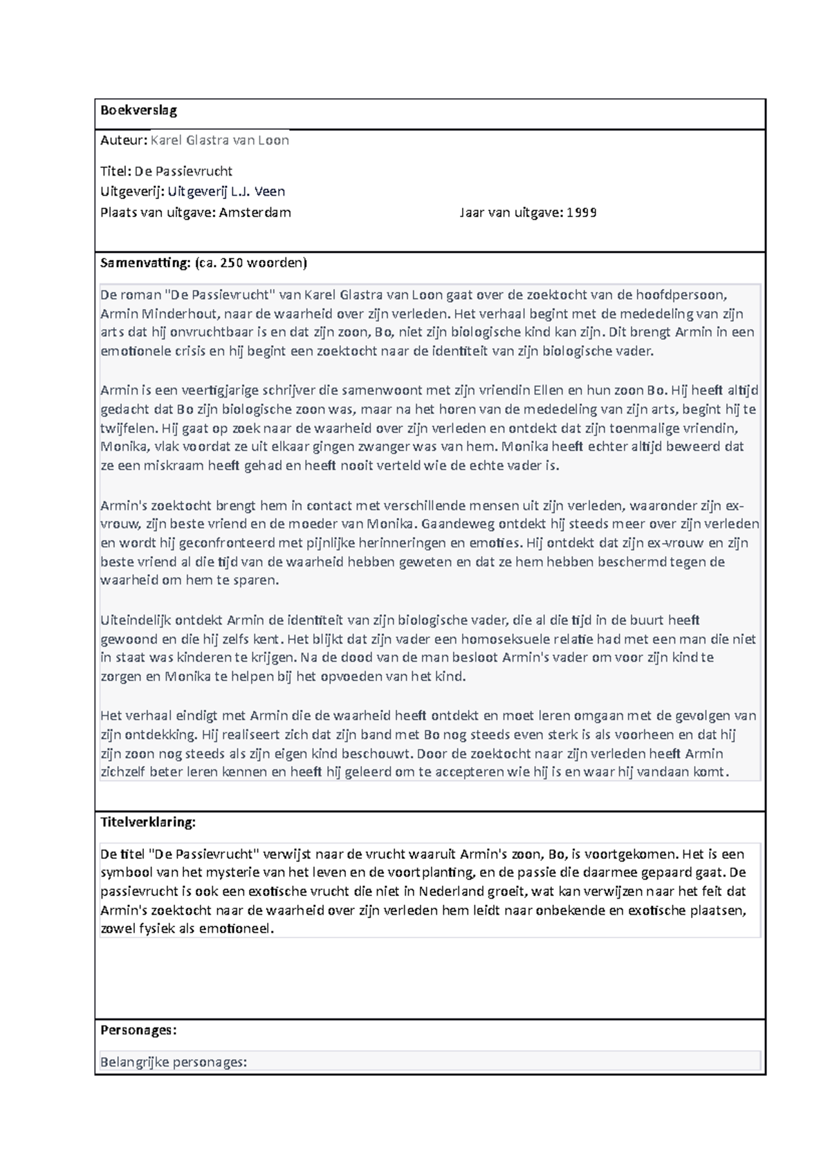 De Passievrucht eee;krjiorigrigrijpigpjr Boekverslag Auteur Karel Glastra van Loon Titel