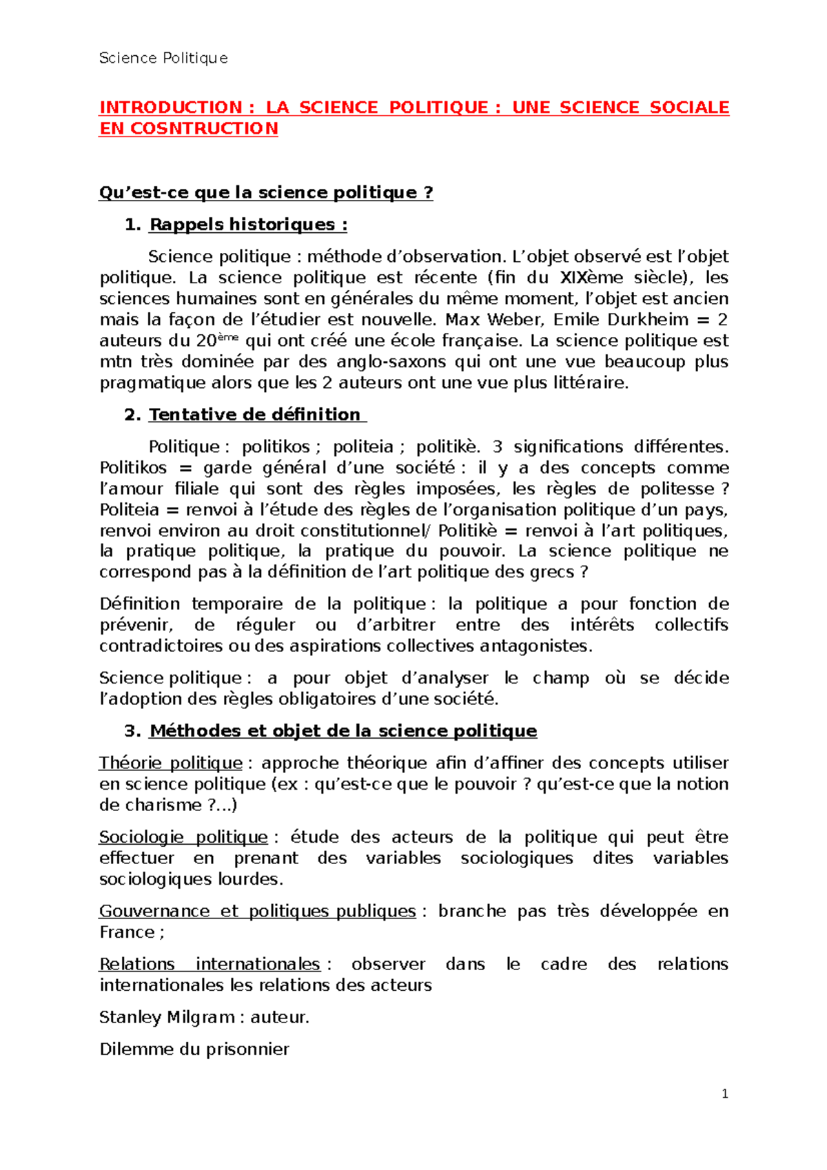 Science Politique - Notes de cours 1 - INTRODUCTION : LA SCIENCE ...