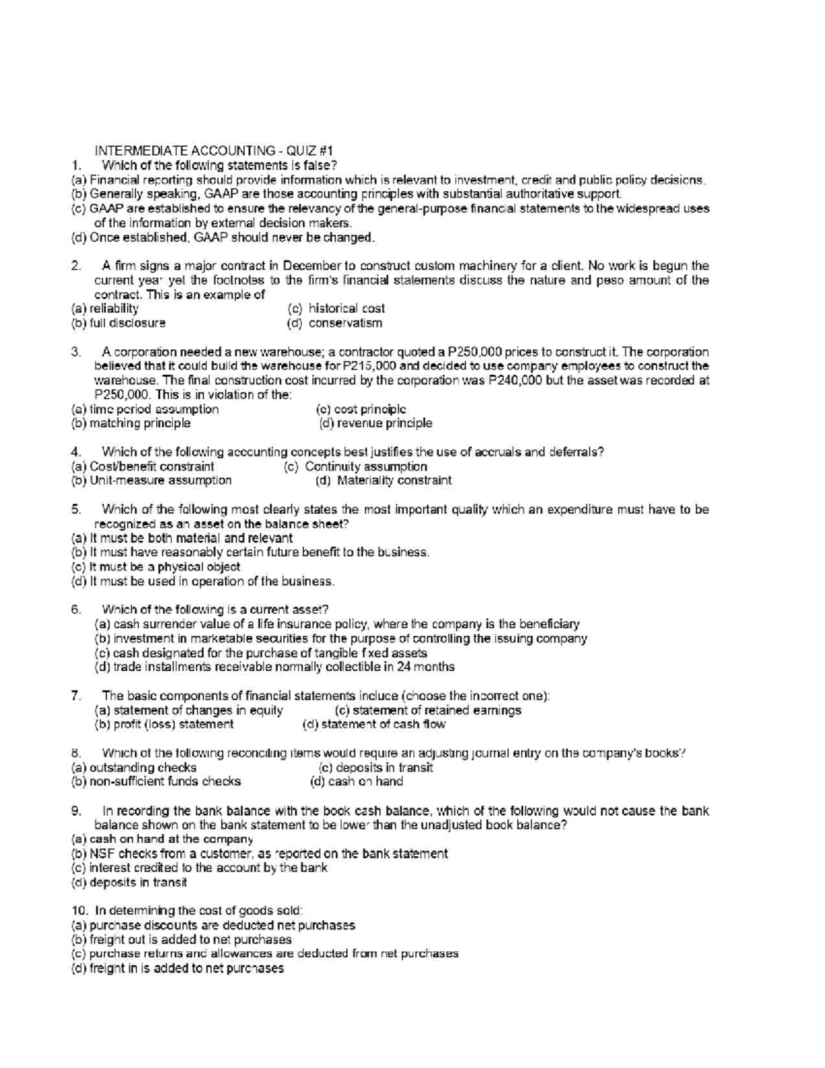 Quiz #1 - Intermediate Accounting - Accountancy - Studocu