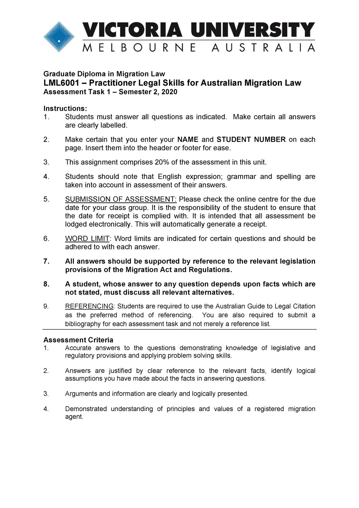 LML6001 1, S2 2020 - Warning: TT: undefined function: 32 Graduate Diploma in Migration Law - StuDocu