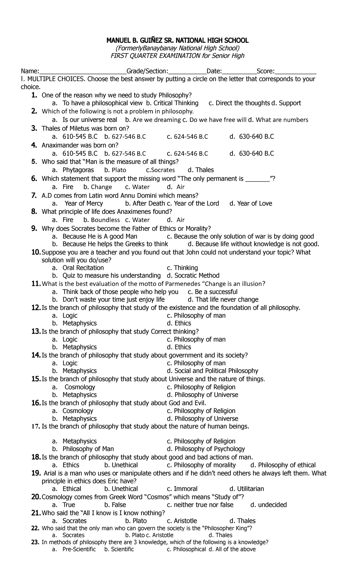 1ST Q EXAM SR.HIGH Philo Final - MANUEL B. GUIÑEZ SR. NATIONAL HIGH ...