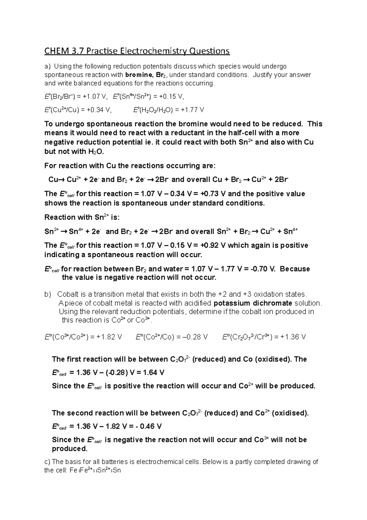 Electrochemistry practise questions answers CHEM 3 Practise