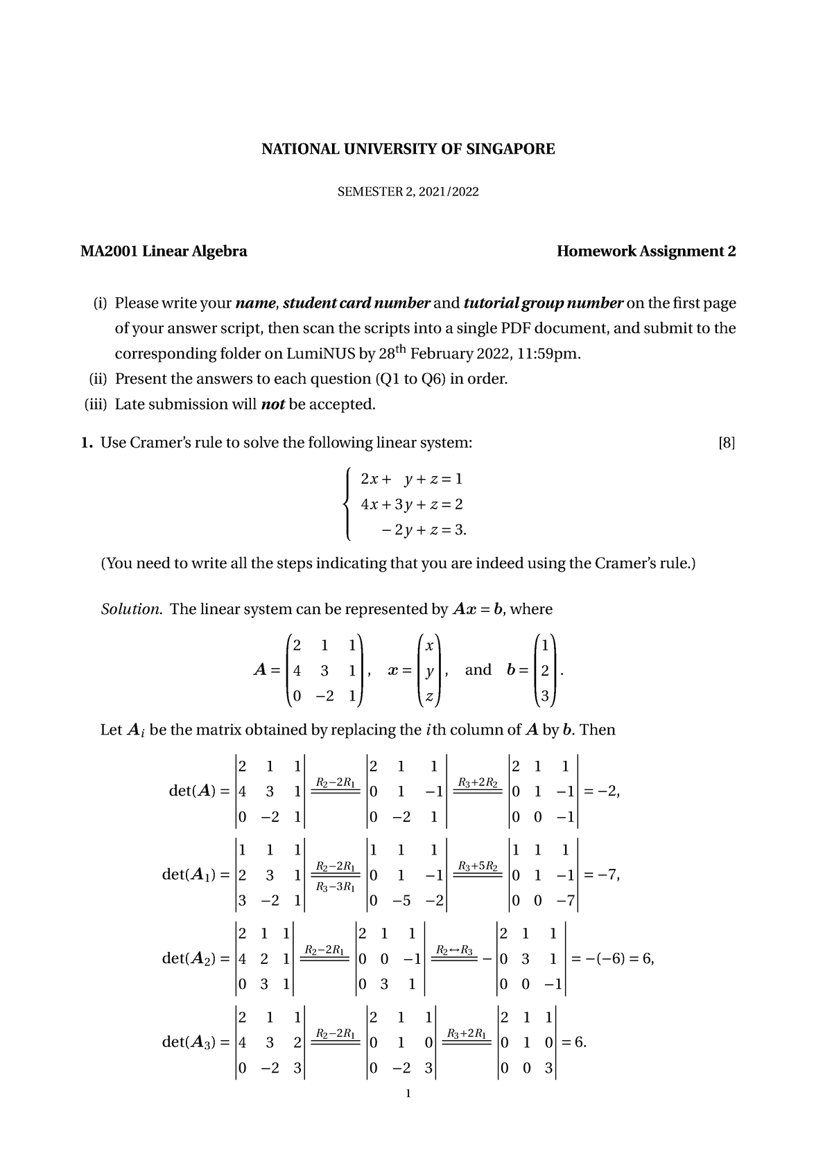 Home Work 2 Solution - NATIONAL UNIVERSITY OF SINGAPORE SEMESTER 2 ...