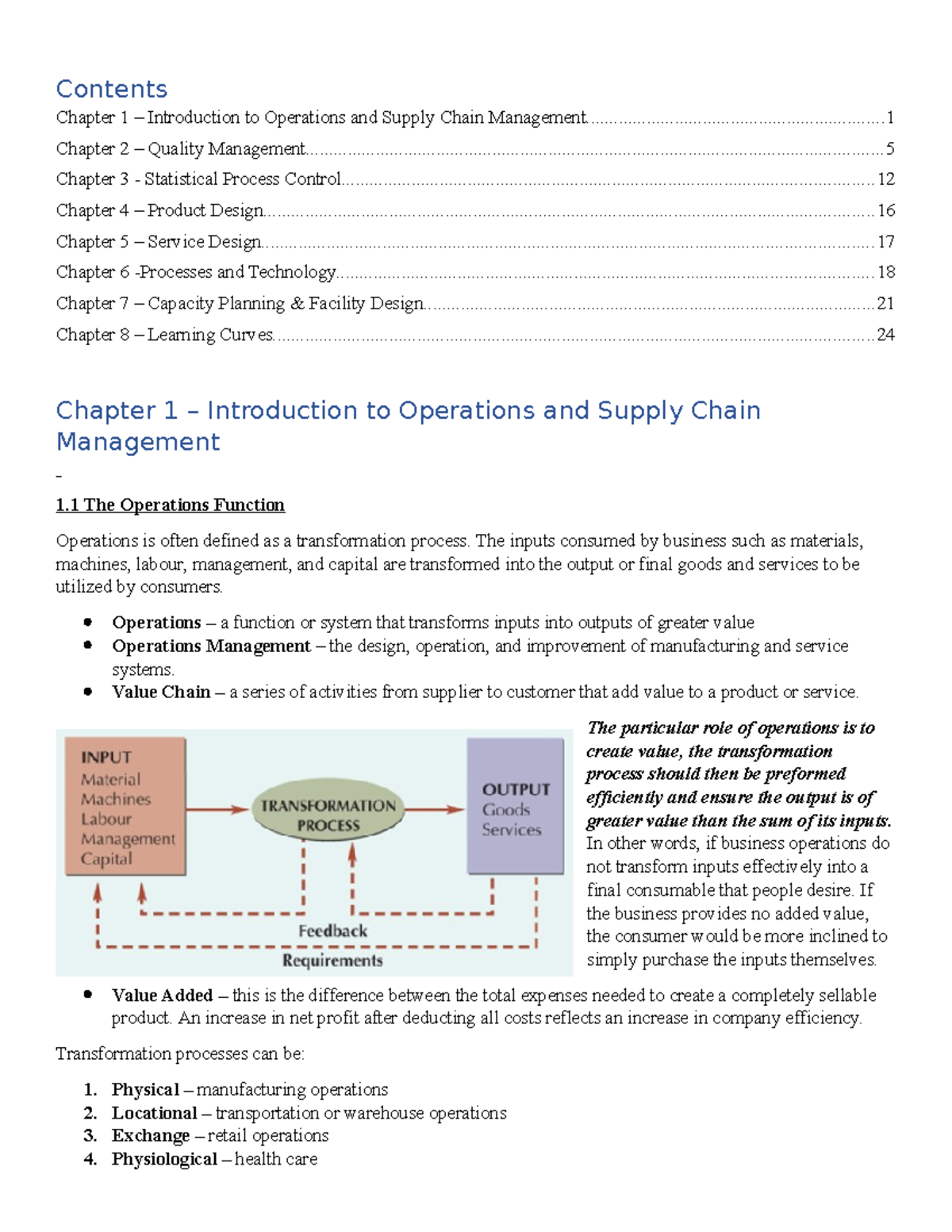 Operations Management Notes - Contents Chapter 1 – Introduction To ...