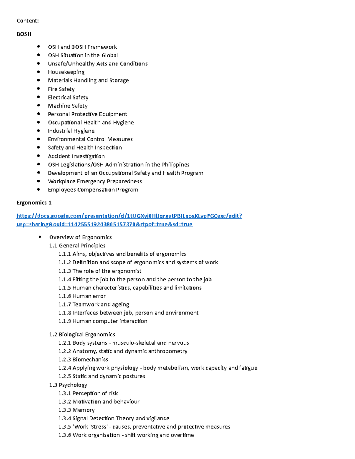 AR - ie subject topics - Content: BOSH OSH and BOSH Framework OSH Situa ...