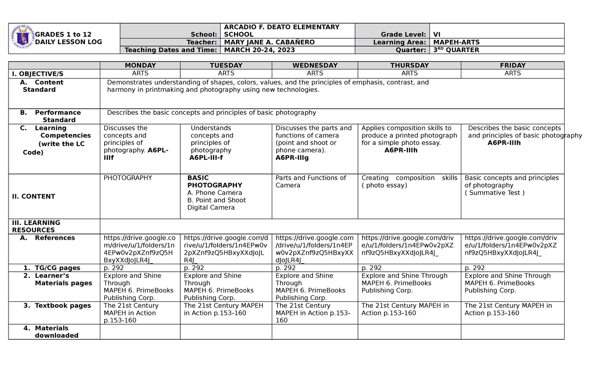 DLL Mapeh-6 Q3 W6 - Lesson Plan - GRADES 1 To 12 DAILY LESSON LOG ...