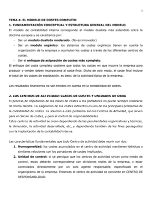 TEMA 4 EL Modelo DE Costes Completo - Documentos de Google - TEMA 4: EL  MODELO DE COSTES COMPLETO 1. - Studocu