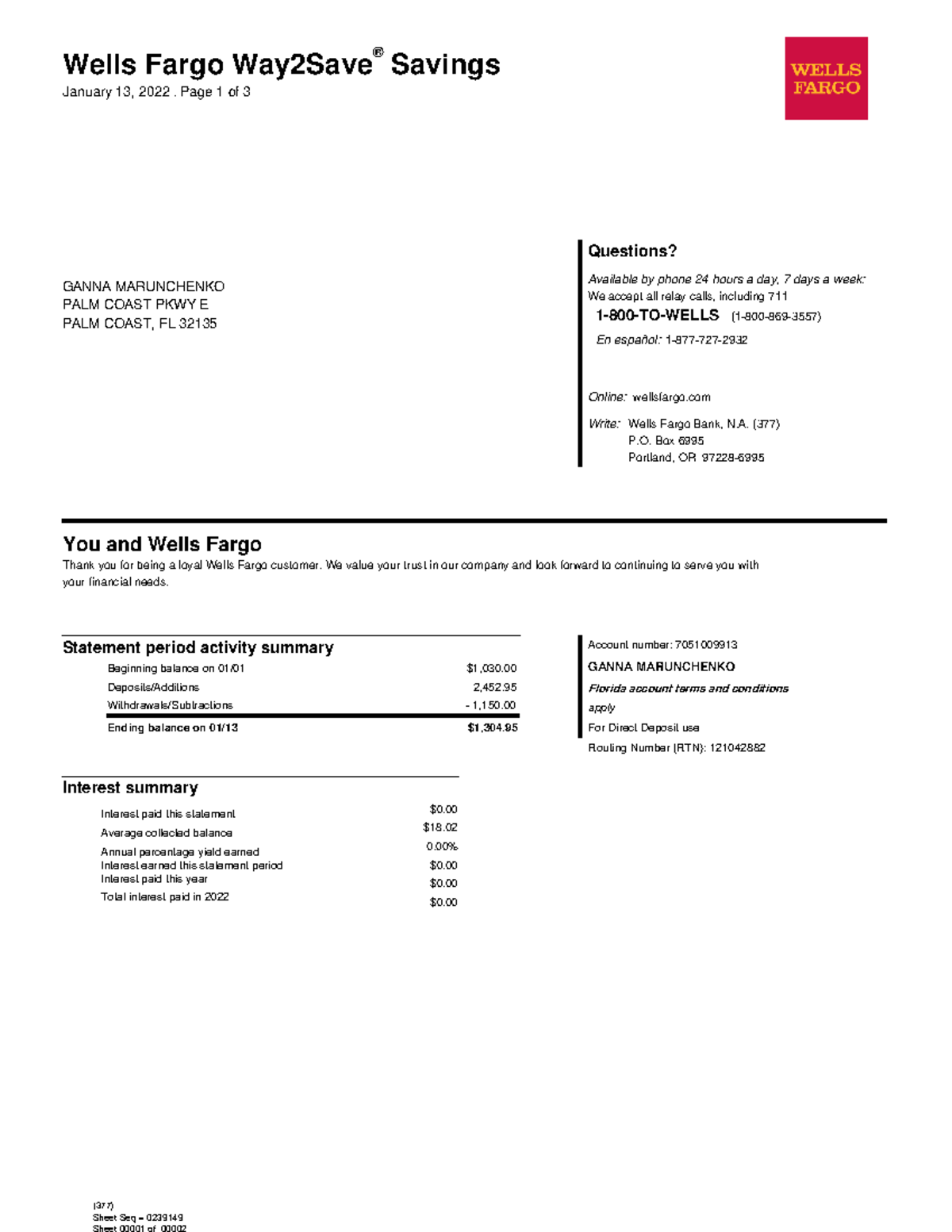 Account statement wells - Wells Fargo Way2Save ® Savings Interest paid ...