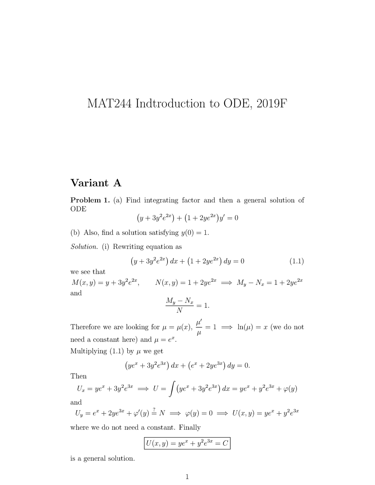 Mat 244 19 Past Test Mat244 Indtroduction To Ode 19f Variant A Problem 1 A Find Integrating Studocu