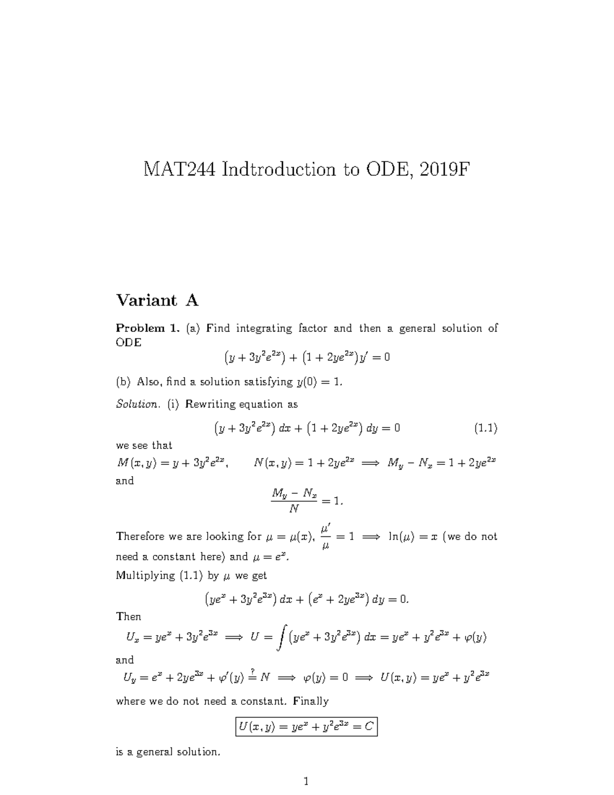 Mat 244 19 Past Test Mat244 Indtroduction To Ode 19f Variant A Problem 1 A Find Integrating Studocu