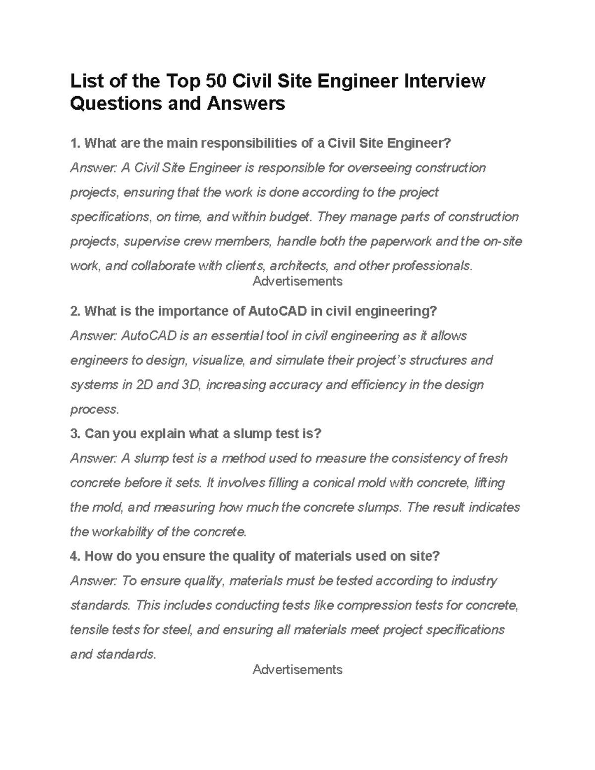 50 SITE Engineer Question AND Answers - List Of The Top 50 Civil Site ...