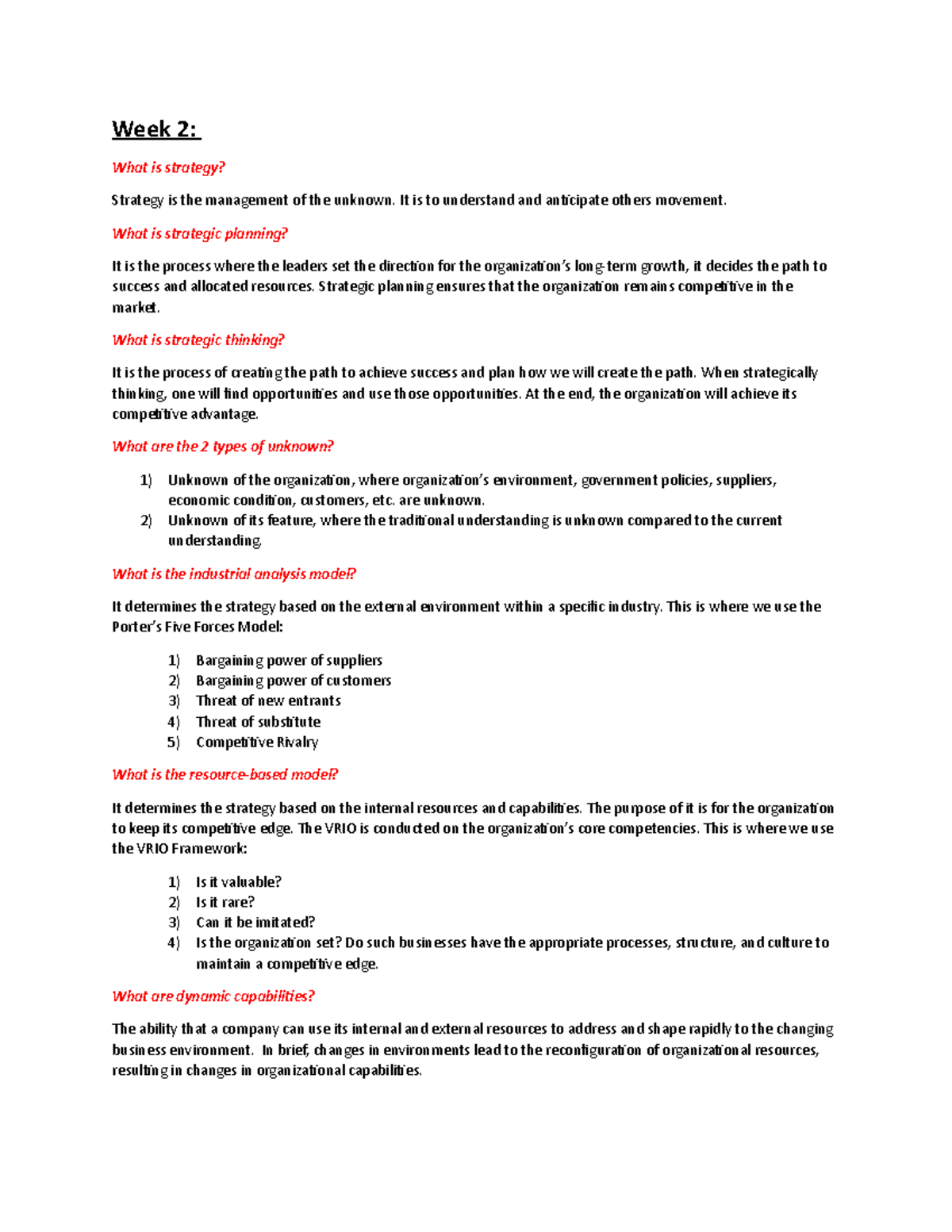 Final-463 - Final Review - Week 2: What is strategy? Strategy is the ...