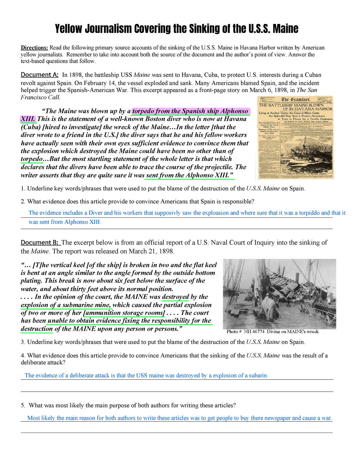 AH Spanish American War Common Core Textbased Answers Activity Inside Spanish American War Worksheet