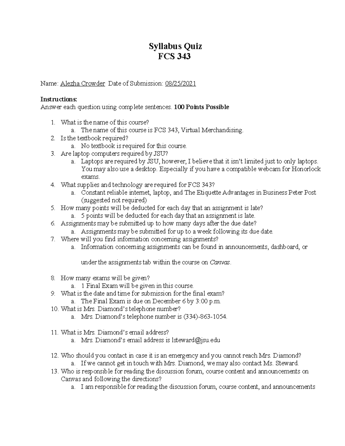 FCS 343 Syllabus Quiz FCS 343 Jacksonville State Studocu