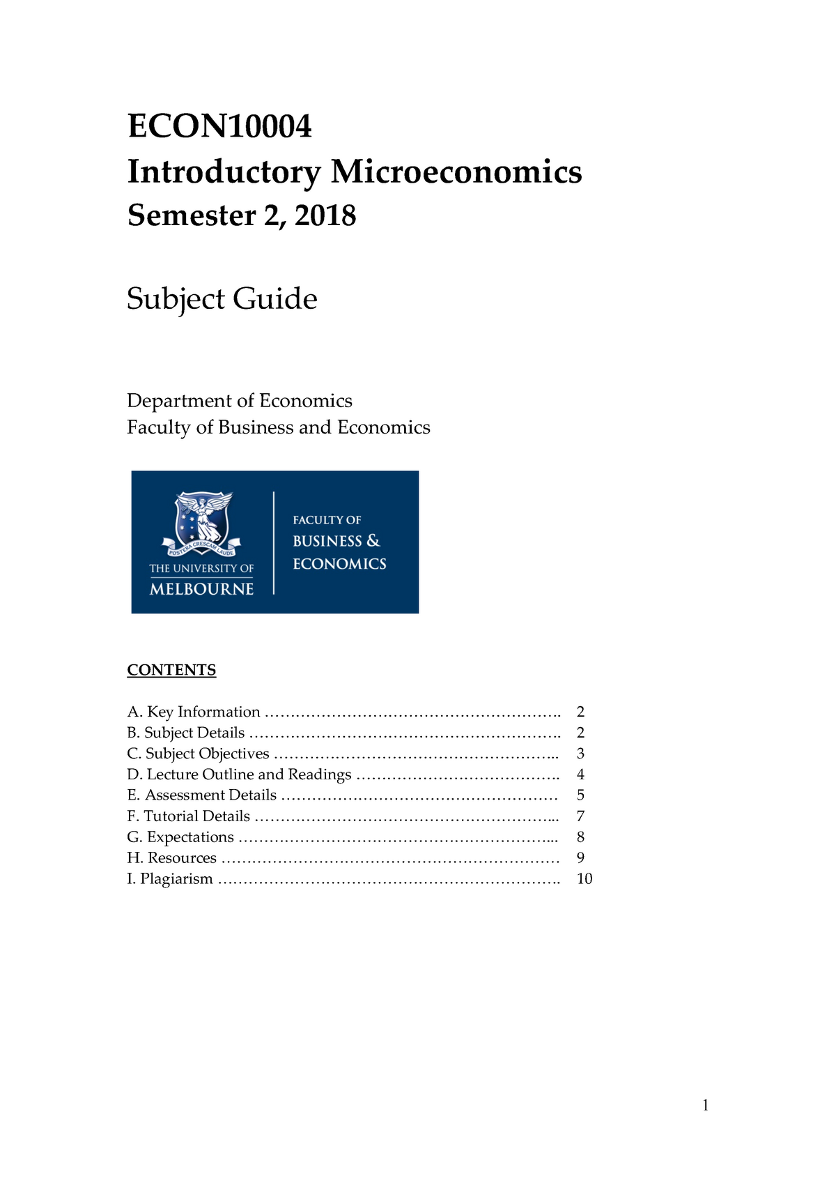 Subject Guide - ECON10004 Introductory Microeconomics Semester 2, 2018 ...