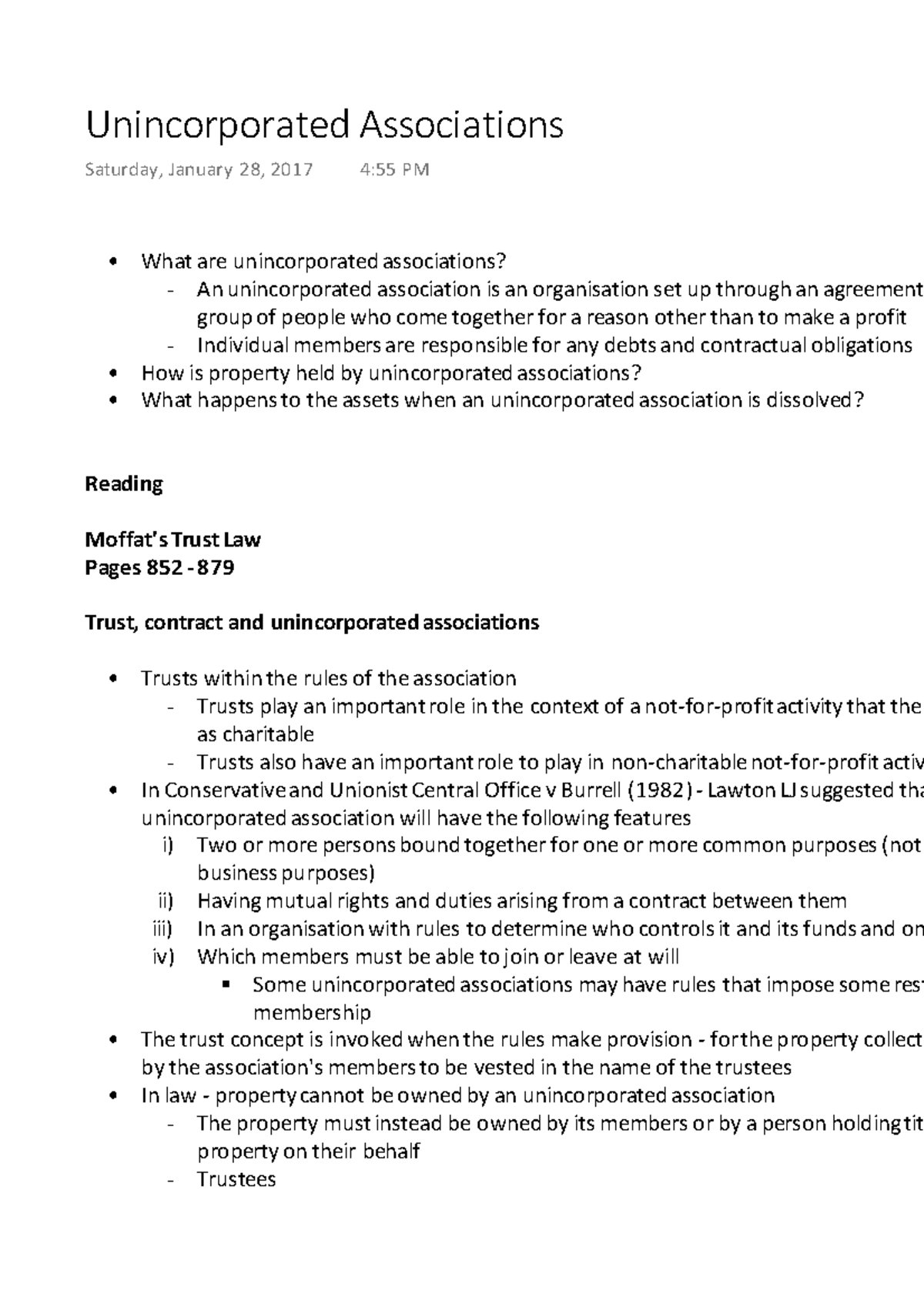 Property Law 1 Lecture 12 Unincorporated Associations What are