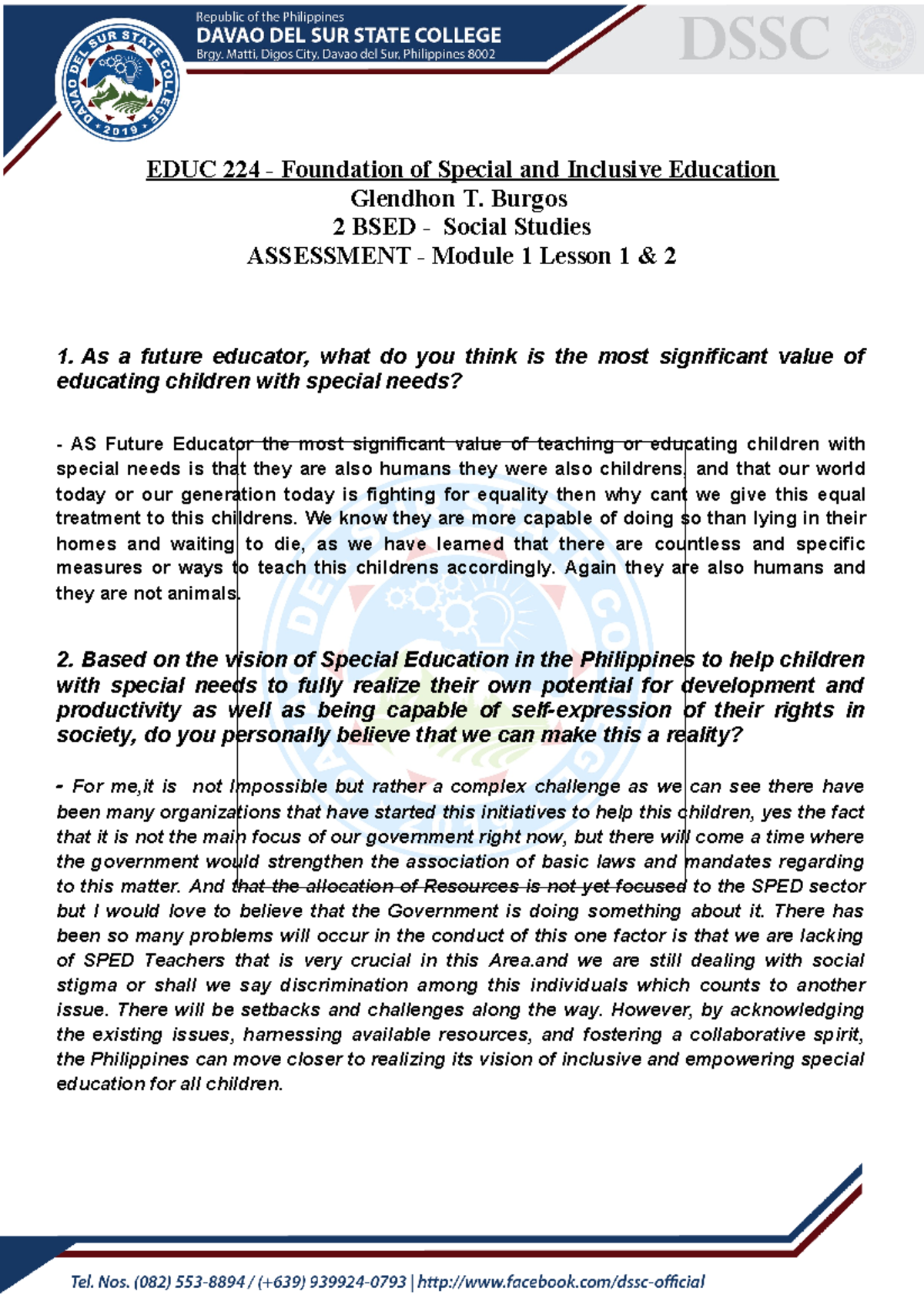 2 Bsedsocstud Burgos M1 Assessment - EDUC 224 - Foundation of Special ...