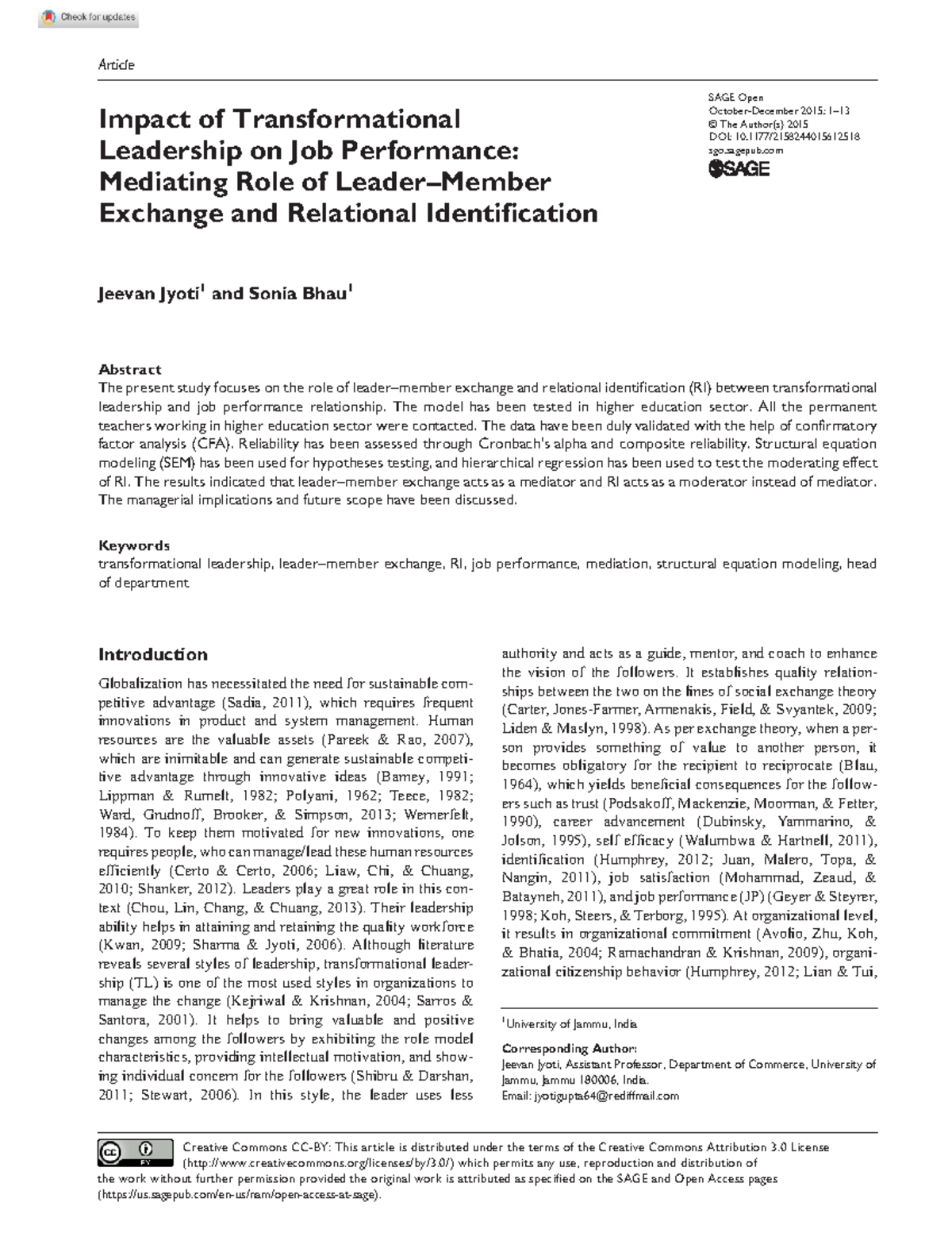Impact of Transformational Leadership on Job Performance Mediating Role ...
